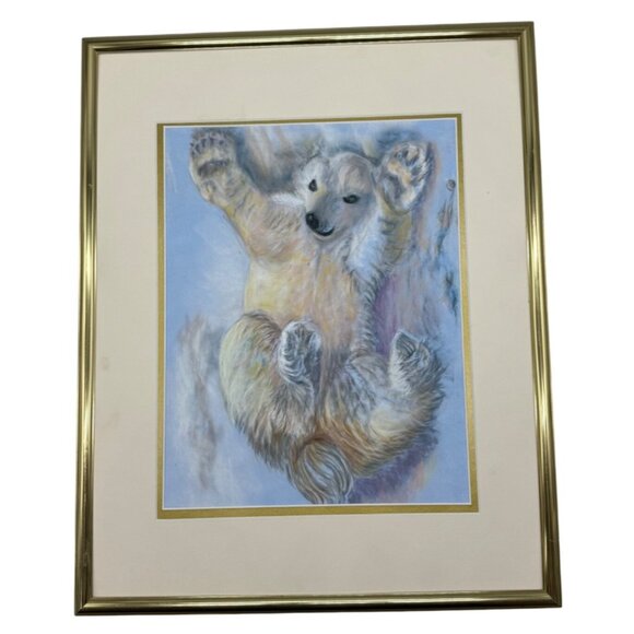 Polar Bear at play Pastel Artwork In Gold Frame felt blue white wire hanger READ - Picture 1 of 6